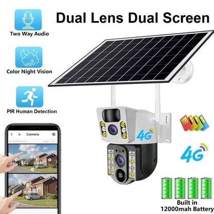 10 Megapixel 4G كاميرا مراقبة  بالطاقة الشمسية عدستين مزدوجة ثابتة ومتحرك